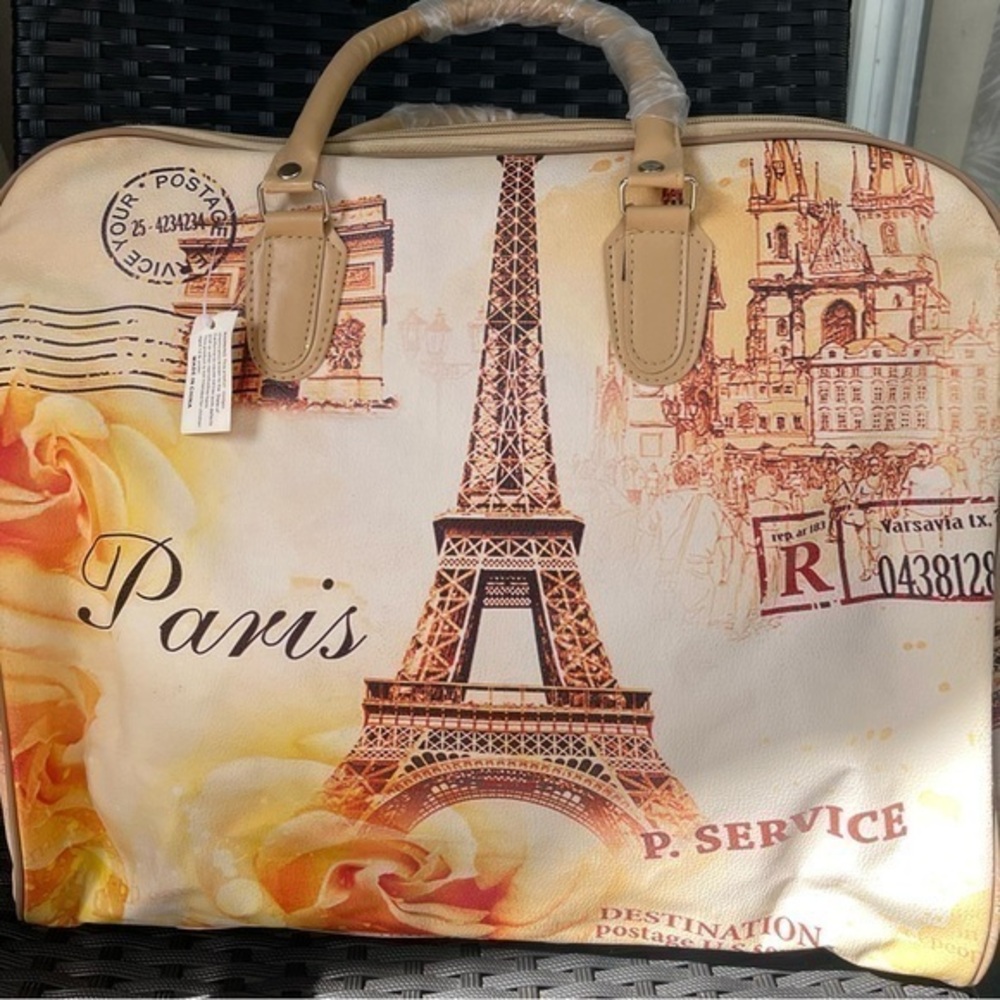 Women’s Bag,Paris Print Women's Bag - Tan and Cream,travel Bag, - Picture 1 of 11